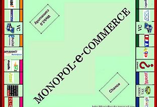 Faux jeu de Monopoly sur lequel il est écrit "monopol-e-commerce".