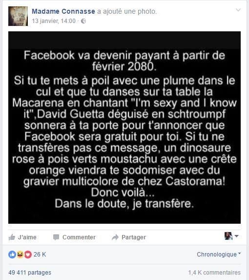 Panneau humoristique sur un hoax de Facebook.