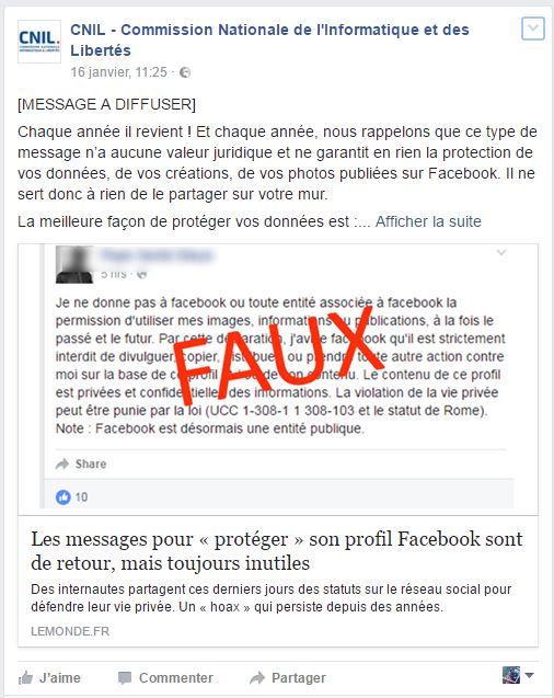 Message de la Cnil sur le les droits sur Facebook.